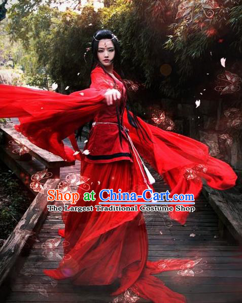 Chinese Ancient Cosplay Female Swordsman Costumes Traditional Tang Dynasty Assassin Embroidered Red Hanfu Dress for Women