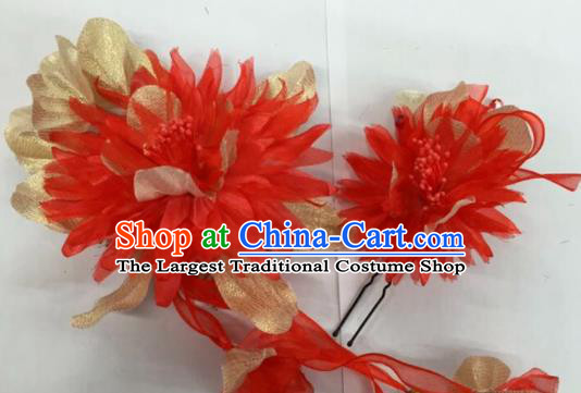 Chinese Traditional Beijing Opera Red Silk Flowers Hairpins Ancient Peri Hair Accessories for Women