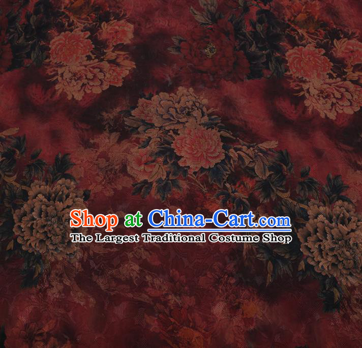Chinese Traditional Cheongsam Red Crepe Satin Plain Palace Peony Pattern Silk Fabric Chinese Fabric Asian Material