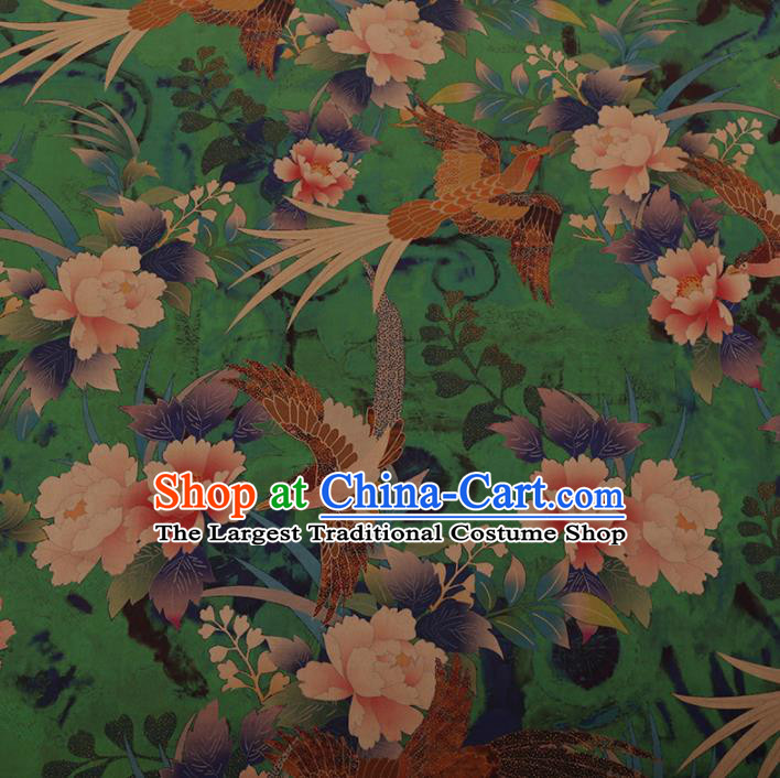 Chinese Traditional Cheongsam Silk Fabric Palace Phoenix Peony Pattern Green Satin Plain Gambiered Guangdong Gauze