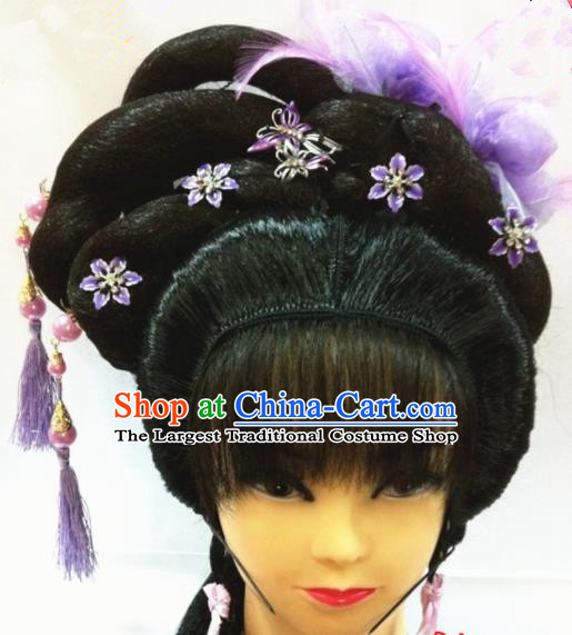 Chinese Traditional Beijing Opera Hair Accessories Ancient Princess Wig Sheath and Purple Feather Hairpins for Women