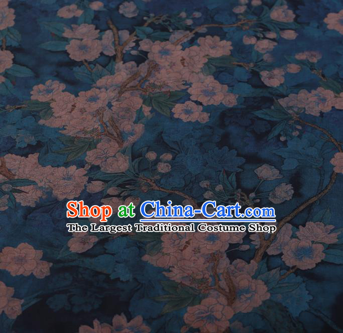 Chinese Traditional Cheongsam Silk Fabric Palace Pear Flowers Pattern Blue Satin Plain Gambiered Guangdong Gauze