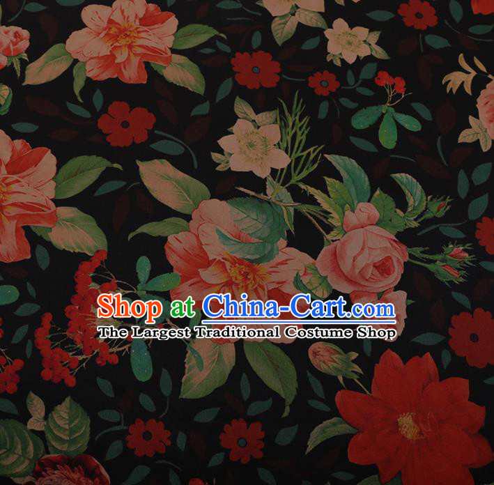 Chinese Traditional Cheongsam Black Silk Fabric Palace Peony Pattern Jacquard Satin Plain Gambiered Guangdong Gauze
