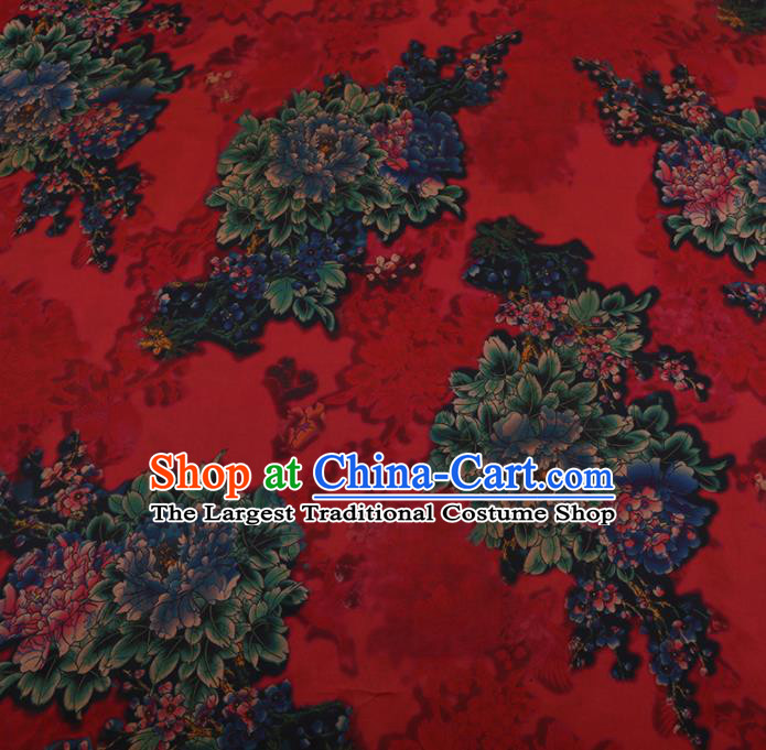 Chinese Traditional Red Silk Fabric Palace Peony Pattern Cheongsam Jacquard Satin Plain Gambiered Guangdong Gauze