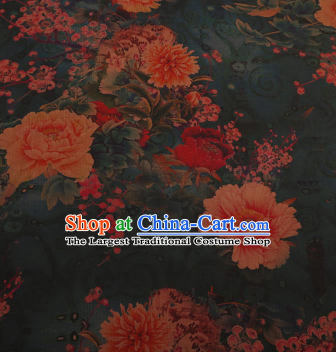 Chinese Traditional Cheongsam Drapery Green Silk Fabric Palace Peony Pattern Satin Plain Gambiered Guangdong Gauze