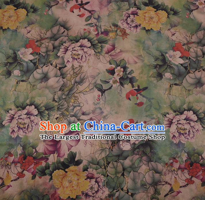 Chinese Classical Green Silk Fabric Traditional Peony Pattern Satin Plain Cheongsam Drapery Gambiered Guangdong Gauze