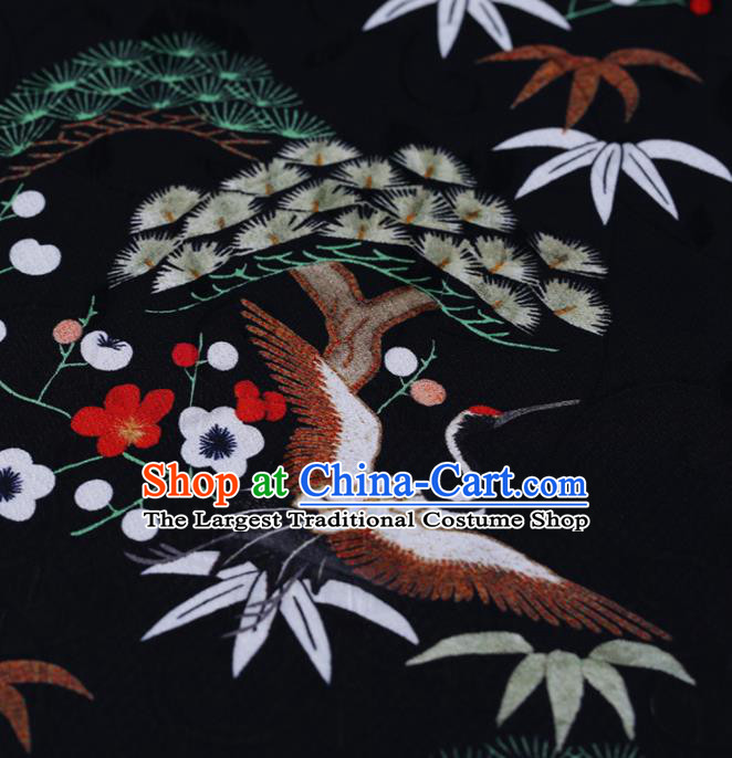 Chinese Classical Black Silk Fabric Traditional Cranes Pine Pattern Satin Plain Cheongsam Drapery Gambiered Guangdong Gauze