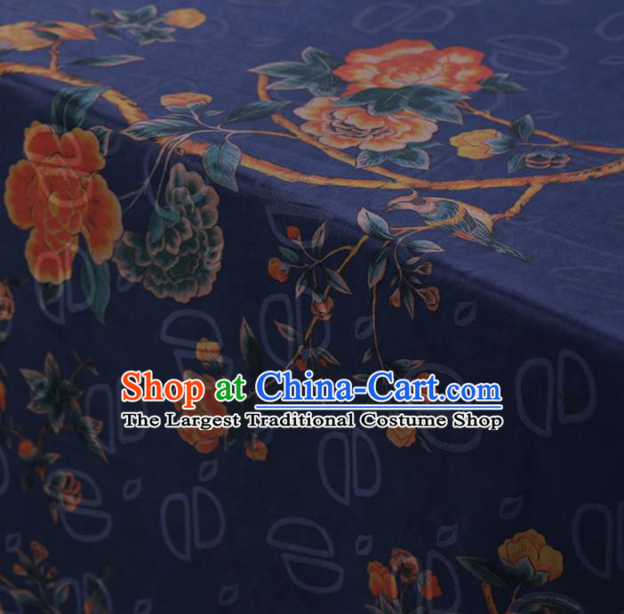 Chinese Classical Silk Fabric Traditional Peony Pattern Blue Satin Plain Cheongsam Drapery Gambiered Guangdong Gauze