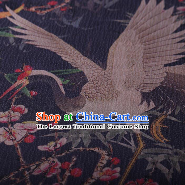 Chinese Traditional Silk Fabric Classical Crane Plum Blossom Pattern Navy Satin Plain Cheongsam Drapery Gambiered Guangdong Gauze