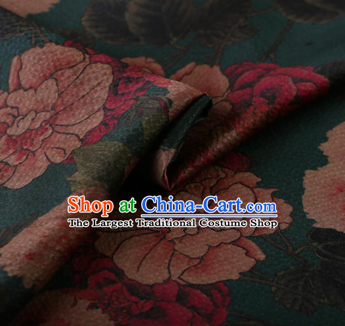 Asian Chinese Silk Fabric Traditional Classical Peony Pattern Green Satin Plain Cheongsam Drapery Gambiered Guangdong Gauze