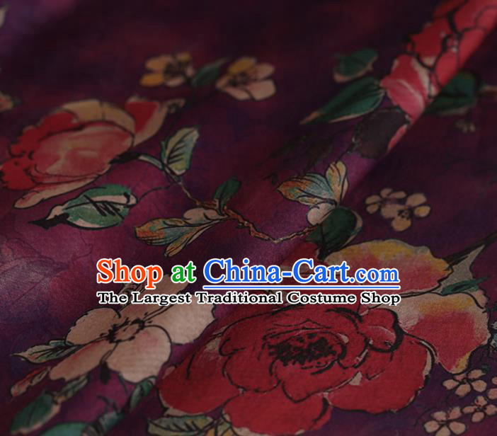 Asian Chinese Silk Fabric Traditional Classical Roses Pattern Purple Satin Plain Cheongsam Drapery Gambiered Guangdong Gauze