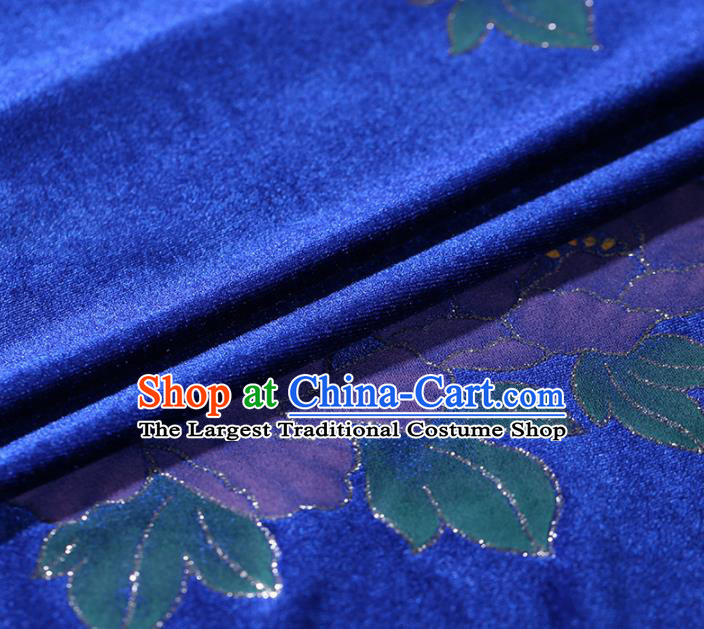 Asian Chinese Blue Velvet Fabric Traditional Classical Peony Pattern Cheongsam Pleuche Drapery Gambiered Guangdong Gauze