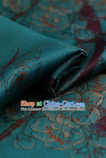 Chinese Traditional Green Gambiered Guangdong Gauze Satin Plain Classical Plum Blossom Pattern Cheongsam Silk Drapery