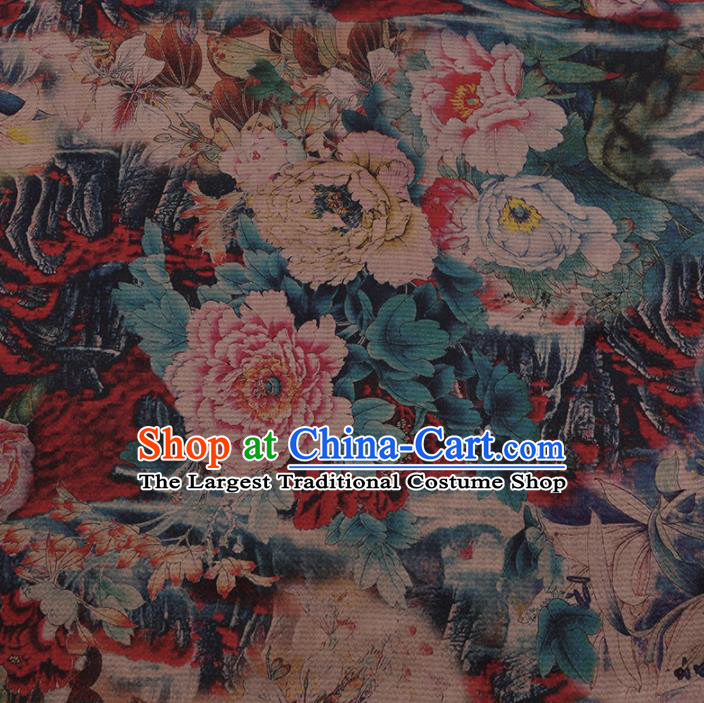 Chinese Traditional Gambiered Guangdong Gauze Satin Plain Classical Peony Pattern Cheongsam Silk Drapery