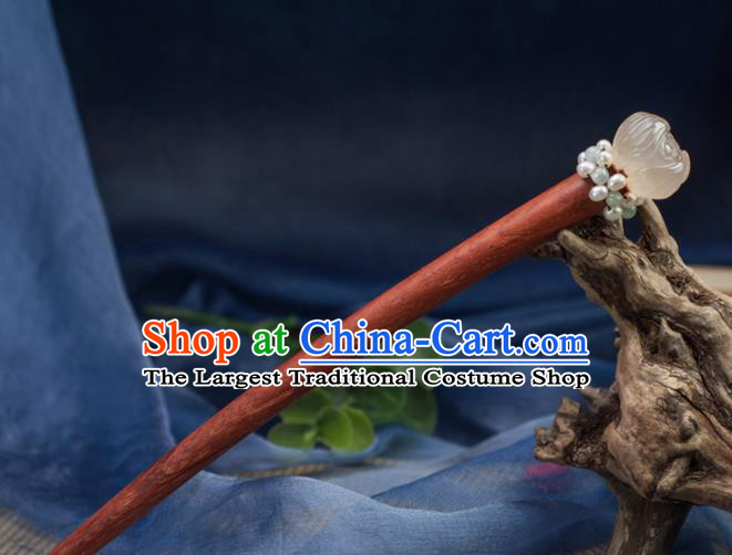 Chinese Traditional Hanfu Rosewood Hair Accessories Ancient Agate Lotus Hairpins for Women