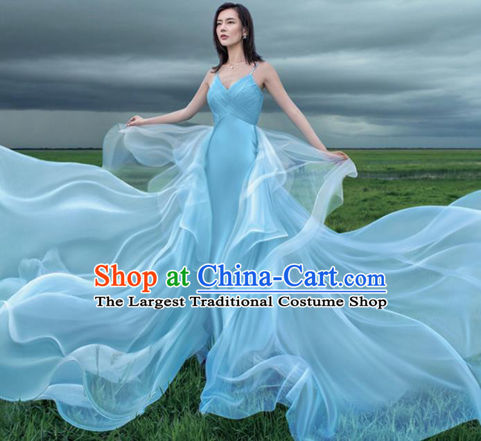 Top Performance Catwalks Costumes Blue Wedding Dress Full Dress for Women