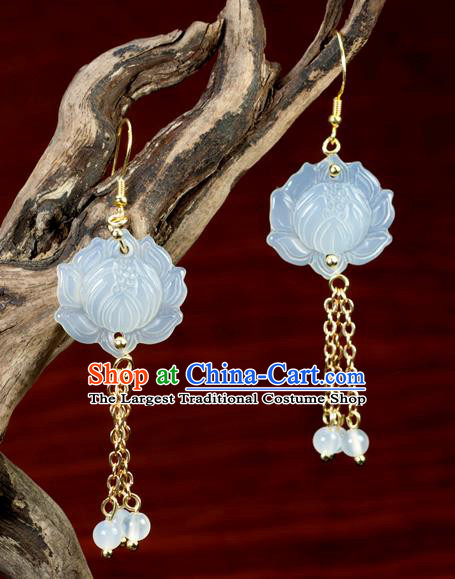 Chinese Traditional Jewelry Accessories Ancient Hanfu Jade Carving Lotus Earrings for Women