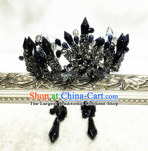 Handmade Bride Crystal Hair Accessories Wedding Baroque Black Royal Crown for Women