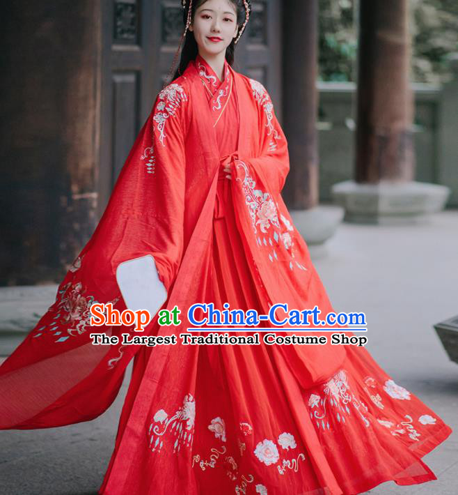 Chinese Tang Dynasty Wedding Red Hanfu Dress Traditional Ancient Princess Embroidered Costumes for Women