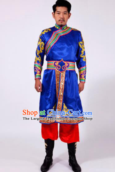 Chinese Traditional Folk Dance Costumes Mongolian Minority Blue Clothing for Men