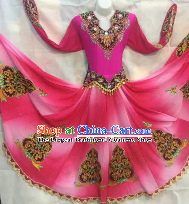 Chinese Traditional Uigurian Nationality Ethnic Costumes Xinjiang Uyghur Folk Dance Rosy Dress for Women