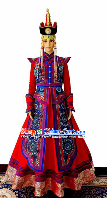Chinese Traditional Ethnic Costumes Mongolian Minority Nationality Red Dress for Women