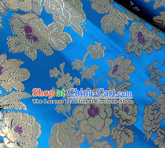 Chinese Traditional Blue Brocade Classical Peony Pattern Design Silk Fabric Material Satin Drapery