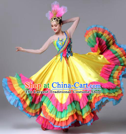Traditional Chinese Classical Dance Yellow Dress Stage Performance Folk Dance Costume for Women