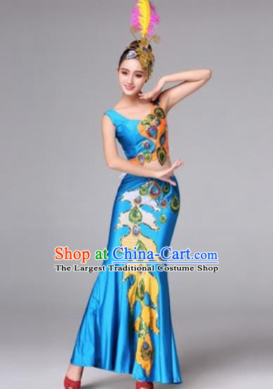 Traditional Chinese Classical Dance Blue Dress Peacock Dance Folk Dance Costume for Women