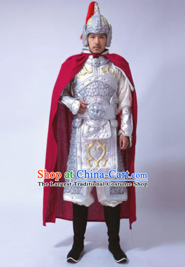 Traditional Chinese Ancient Han Dynasty General Costumes White Helmet and Body Armour for Men