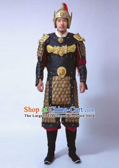 Traditional Chinese Ancient General Costumes Helmet and Body Armour for Men