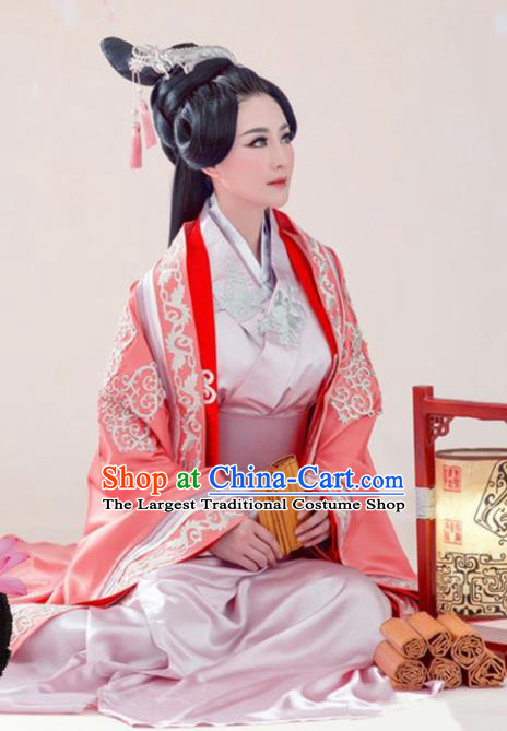 Traditional Chinese Ancient Han Dynasty Imperial Consort Embroidered Costumes and Headpiece for Women