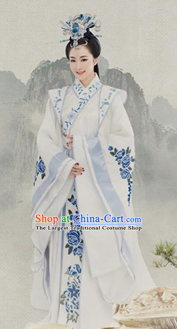 Chinese Ancient Han Dynasty Queen Hanfu Dress Traditional Drama Empress Embroidered Costumes and Headpiece Complete Set
