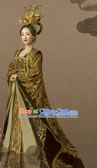 Chinese Ancient Tang Dynasty Empress Hanfu Dress Embroidered Costumes and Headpiece Complete Set for Women