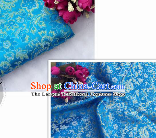 Chinese Traditional Blue Brocade Classical Flowers Pattern Design Silk Fabric Material Satin Drapery