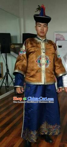 Chinese Traditional Mongol Nationality Costumes Mongolian Ethnic Brown Clothing and Hat for Men
