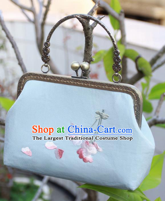 Chinese Traditional Handmade Embroidered Peach Blossom Blue Bags Retro Handbag for Women