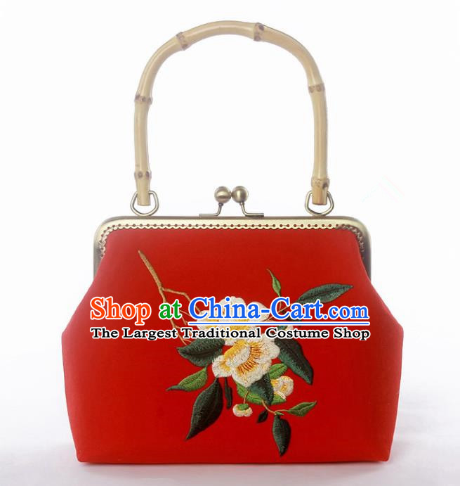 Chinese Traditional Handmade Embroidered Camellia Red Bags Retro Handbag for Women