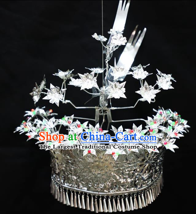 Chinese Traditional Miao Nationality Hair Accessories Hmong Carving Sliver Wedding Phoenix Coronet for Women