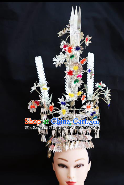 Chinese Traditional Miao Nationality Hair Accessories Colorful Phoenix Coronet Hmong Carving Sliver Hairpins for Women