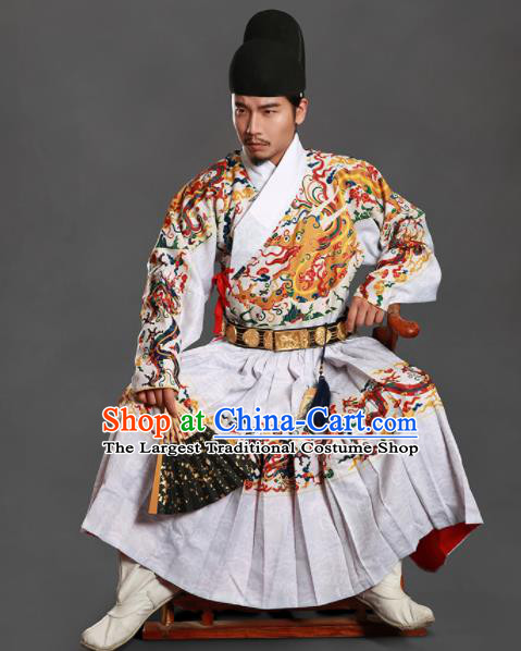 Chinese Traditional Ming Dynasty Imperial Bodyguard Clothing Ancient Blads Embroidered White Costumes for Men