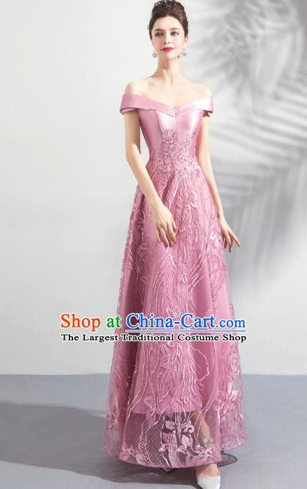 Top Grade Handmade Catwalks Costumes Compere Embroidered Pink Full Dress for Women
