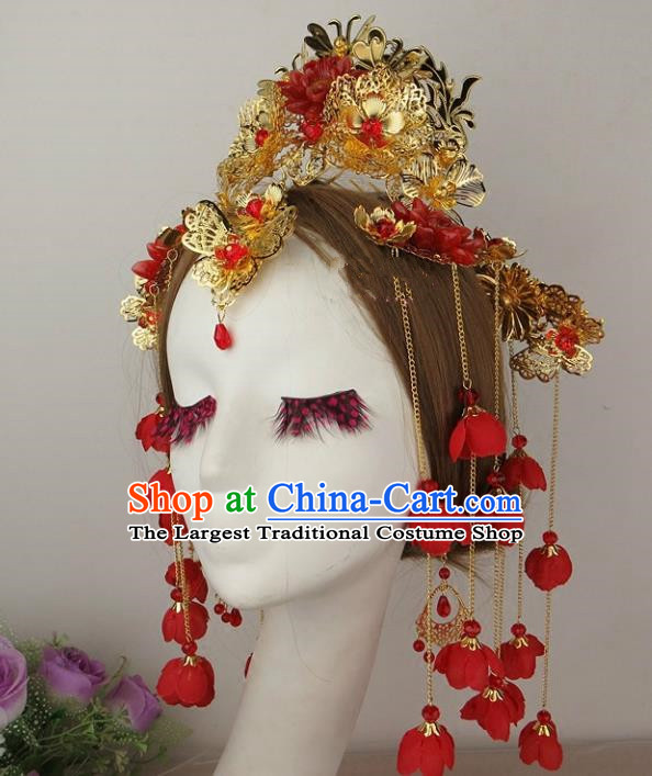 Chinese Traditional Xiuhe Suit Hair Accessories Flowers Tassel Phoenix Coronet Ancient Wedding Hairpins for Women