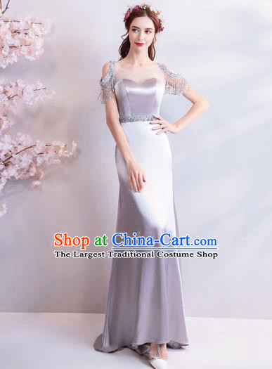 Top Grade Handmade Compere Costume Catwalks Silver Grey Formal Dress for Women