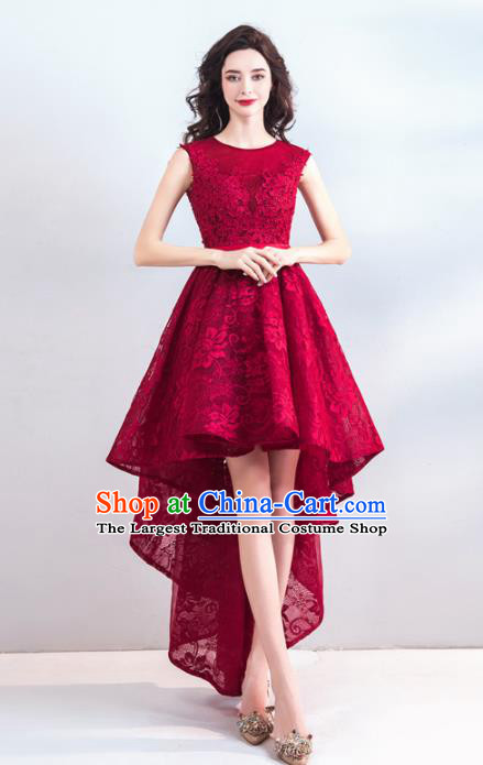Top Grade Compere Costume Handmade Catwalks Bride Wine Red Lace Formal Dress for Women