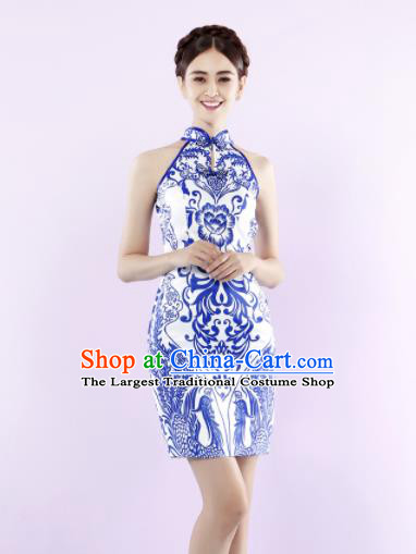 Chinese Traditional Chorus Printing Peony Short Cheongsam Wedding Bride Costume Compere Full Dress for Women