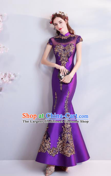 Chinese Traditional Chorus Purple Cheongsam Wedding Bride Compere Red Full Dress for Women