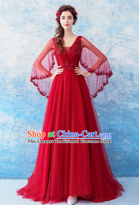 Top Grade Red Veil Evening Dress Compere Costume Handmade Catwalks Angel Full Dress for Women