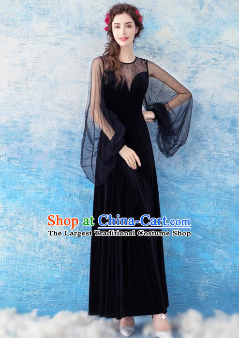 Top Grade Black Evening Dress Compere Costume Handmade Catwalks Angel Full Dress for Women
