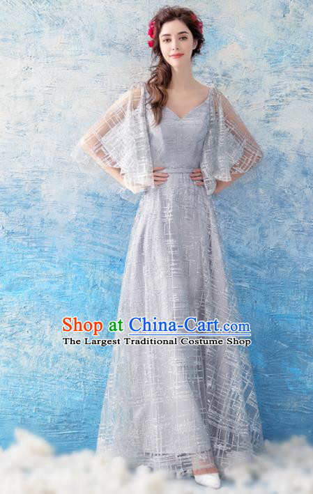 Top Grade Grey Evening Dress Compere Costume Handmade Catwalks Angel Full Dress for Women